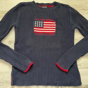 Vintage RALPH LAUREN POLO Jeans Navy Blue Flag Knit Sweater sz Large Crew Neck